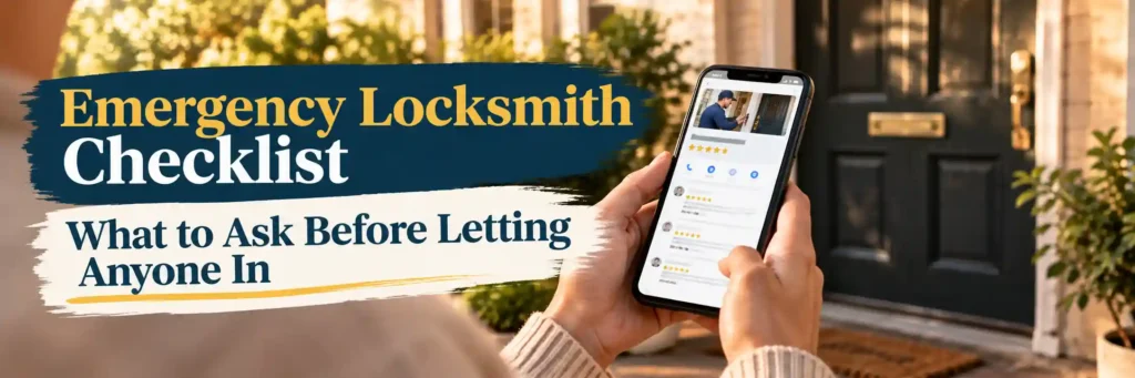Emergency locksmith checklist showing a customer researching a locksmith before allowing them into a home.
